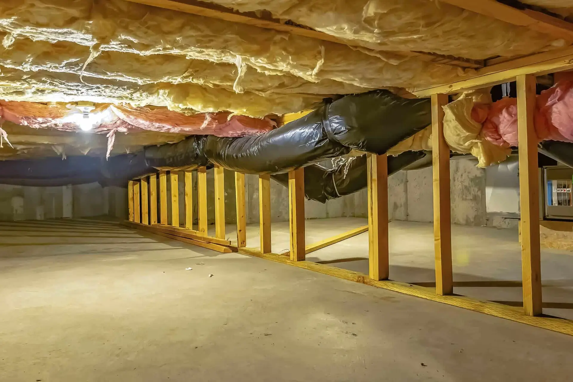 Clean residential crawl space with exposed wooden joists, subfloor insulation, and insulated HVAC air ducts Crawl Space Clean Ups and also Junk and Clutter Removal in Seattle WA