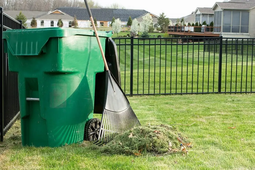Green wheeled yard waste bin with a garden rake leaning against it and a pile of raked grass clippings on a suburban lawn Waste Debris Removal Service and also Junk and Clutter Removal in Seattle WA