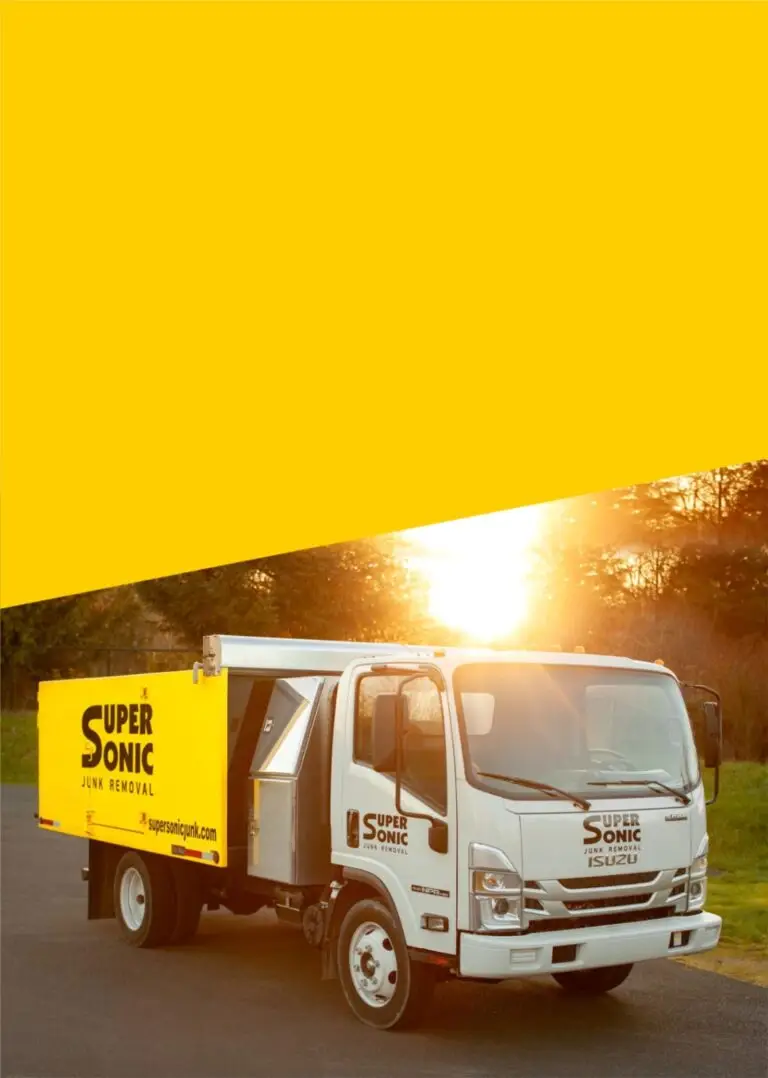 Vertical mobile layout featuring a branded Super Sonic Junk Removal truck parked at sunset under a bright yellow graphic block