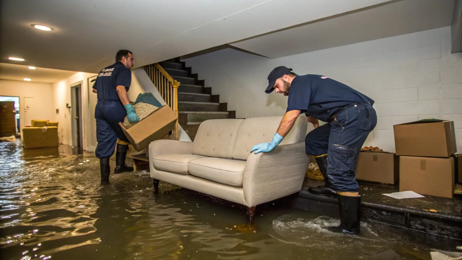 Two restoration workers wearing protective boots and gloves removing a sofa and cardboard boxes from a flooded basement Emergency Water Damage Clean Out Service