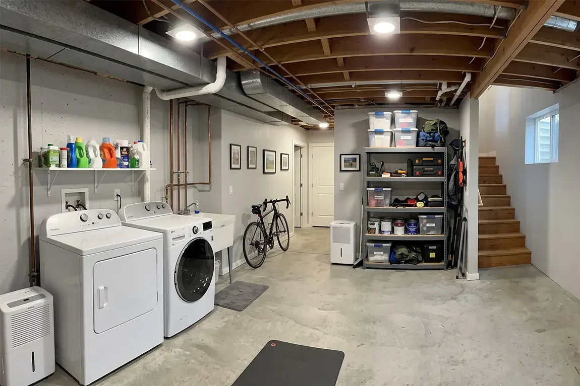 Clean and organized residential basement with washer, dryer, bicycle, organized storage shelving, and concrete floor Basement Clean Out Service and also Junk and Clutter Removal in Seattle WA